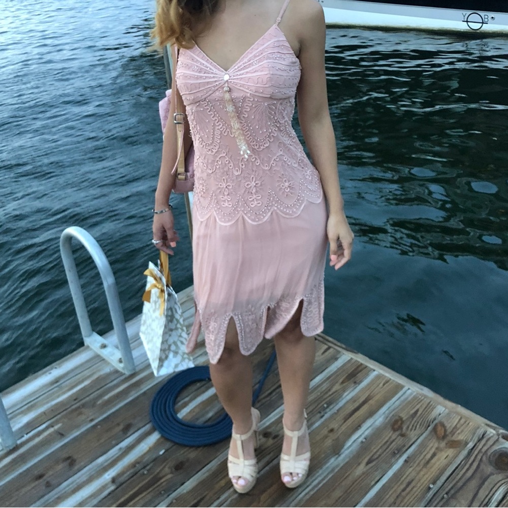 SUE WONG  dusty rose colored dress beaded 1920s style Size S/M has a small stain - Picture 13 of 15